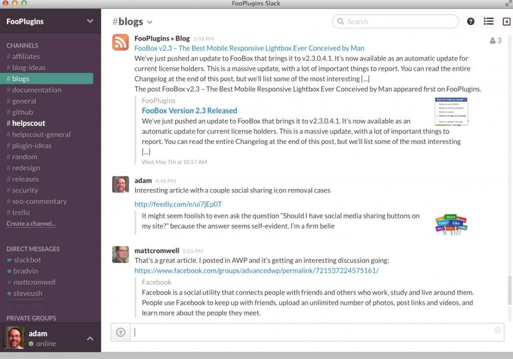 Screenshot di una chat di Slack.