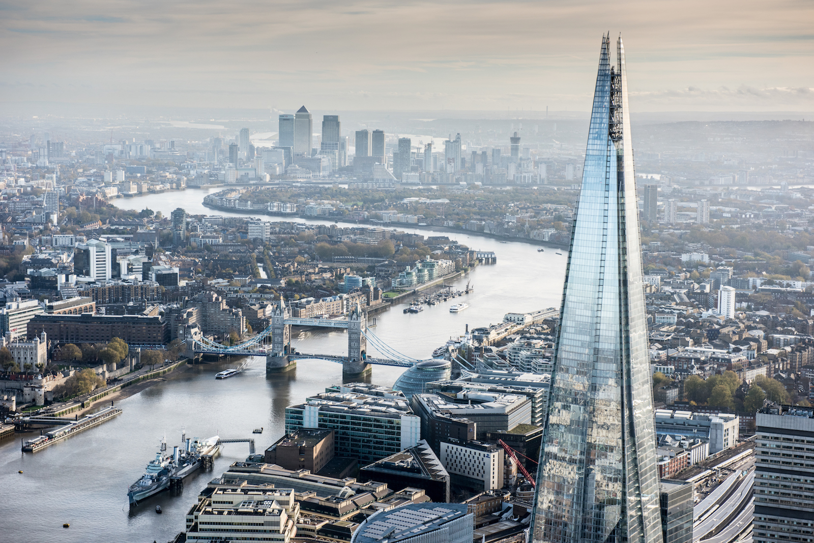 The Shard, River Thames and Tower Bridge, London.